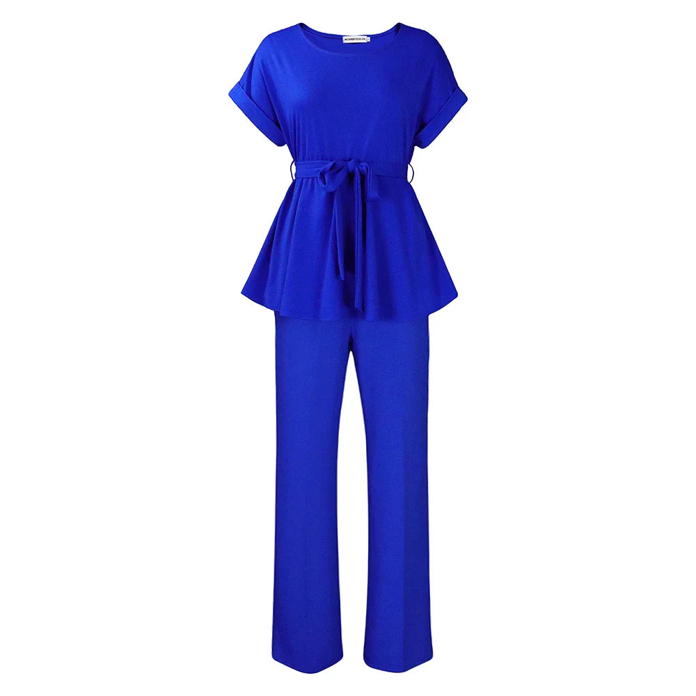 Women's Elegant 2 Piece Pants Set with Solid Blouse Short Sleeve O Neck and Long Trousers