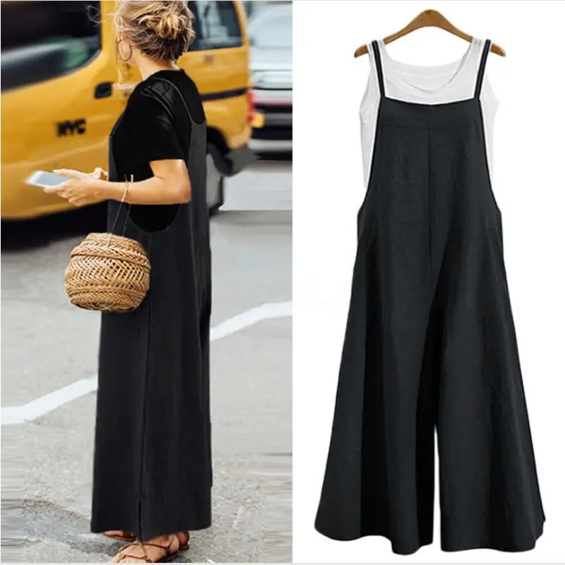 Women's Summer Sleeveless Wide Leg Jumpsuit Solid Color Cotton Linen Bib Overalls Casual Loose Fit Ankle-Length Straps Dungaree