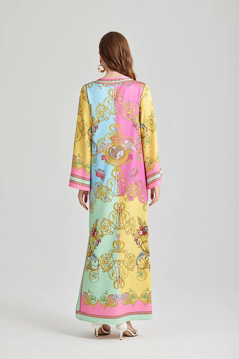 Bohemian Maxi Dress Floral Print Long Sleeve O Neck