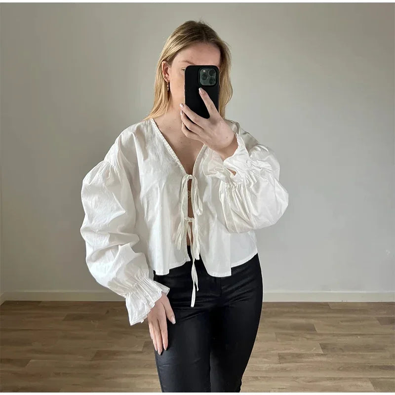 Elegant Solid Lace-Up V-Neck Blouse for Women with Lantern Sleeves and Hollow Out Detail Loose Fit Chic Female Shirt