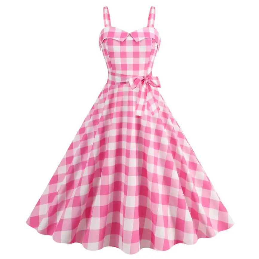 Pink Plaid Suspender Dress High Waisted Party Gown Chic