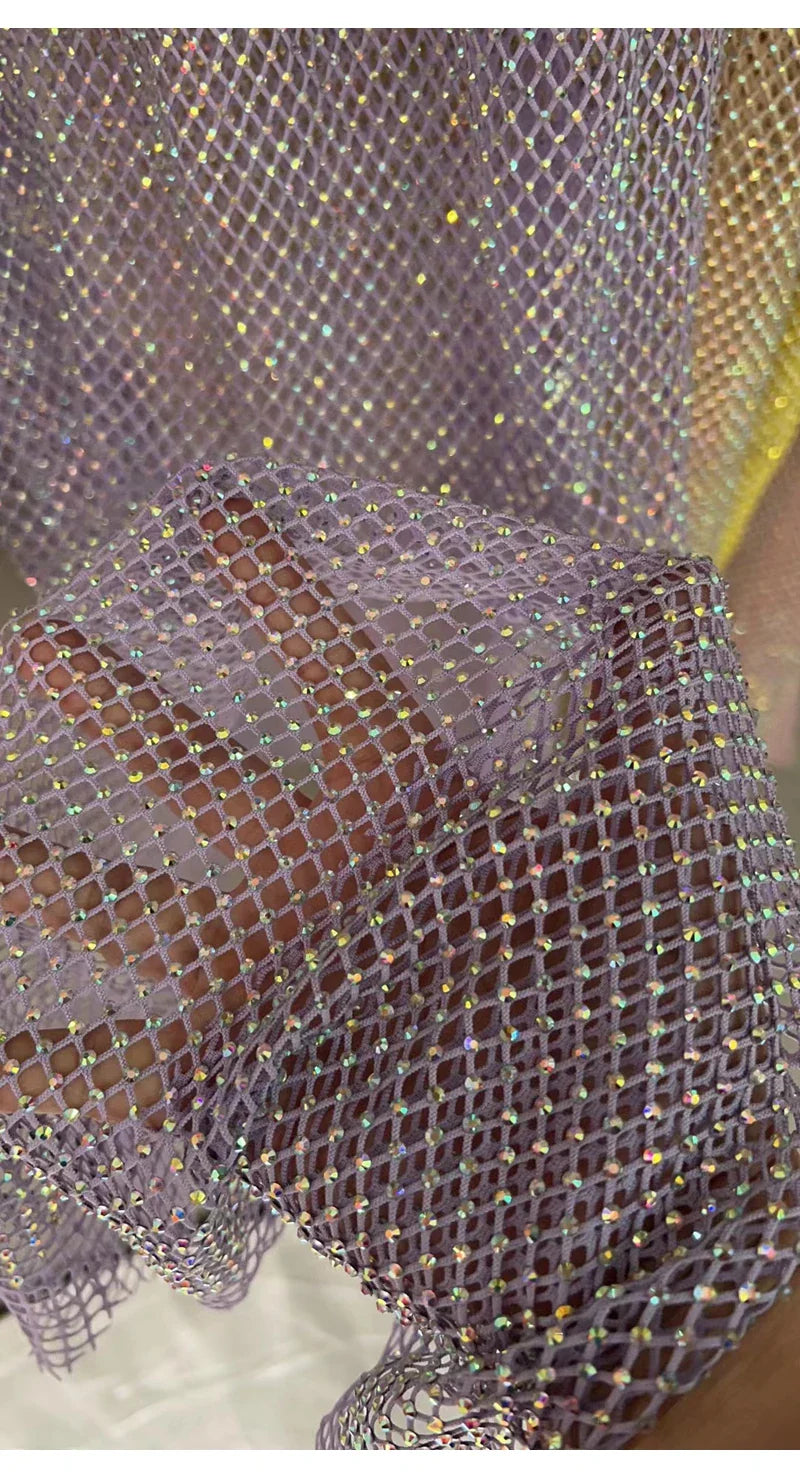 Rhinestone Party Dress Deep V Neck Mesh Club Wear For Women