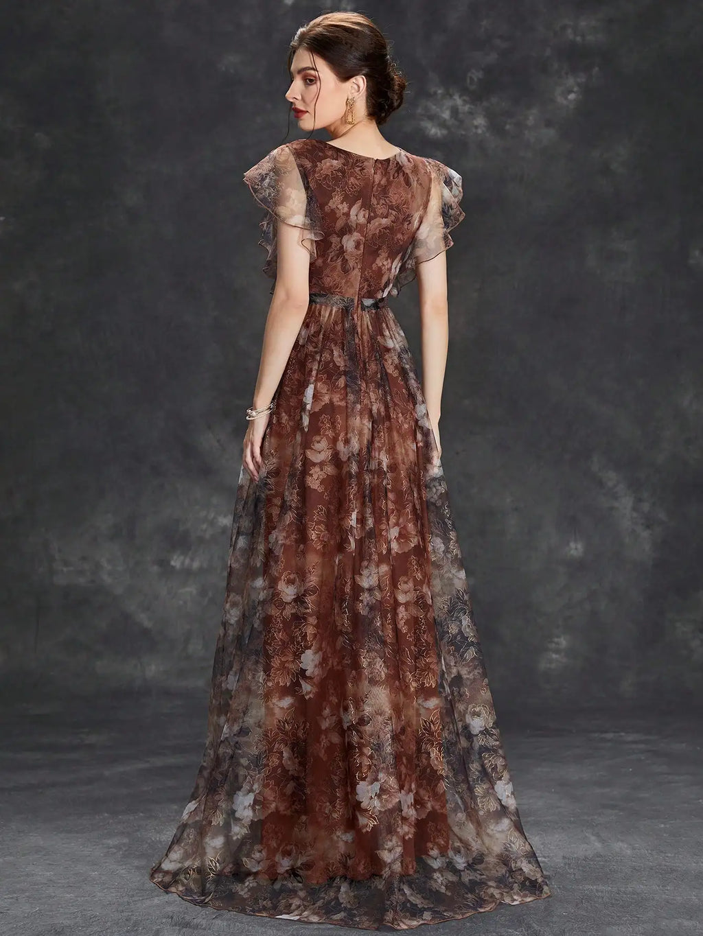 V Neck Lace Patchwork Evening Gown With Ruffled Sleeves