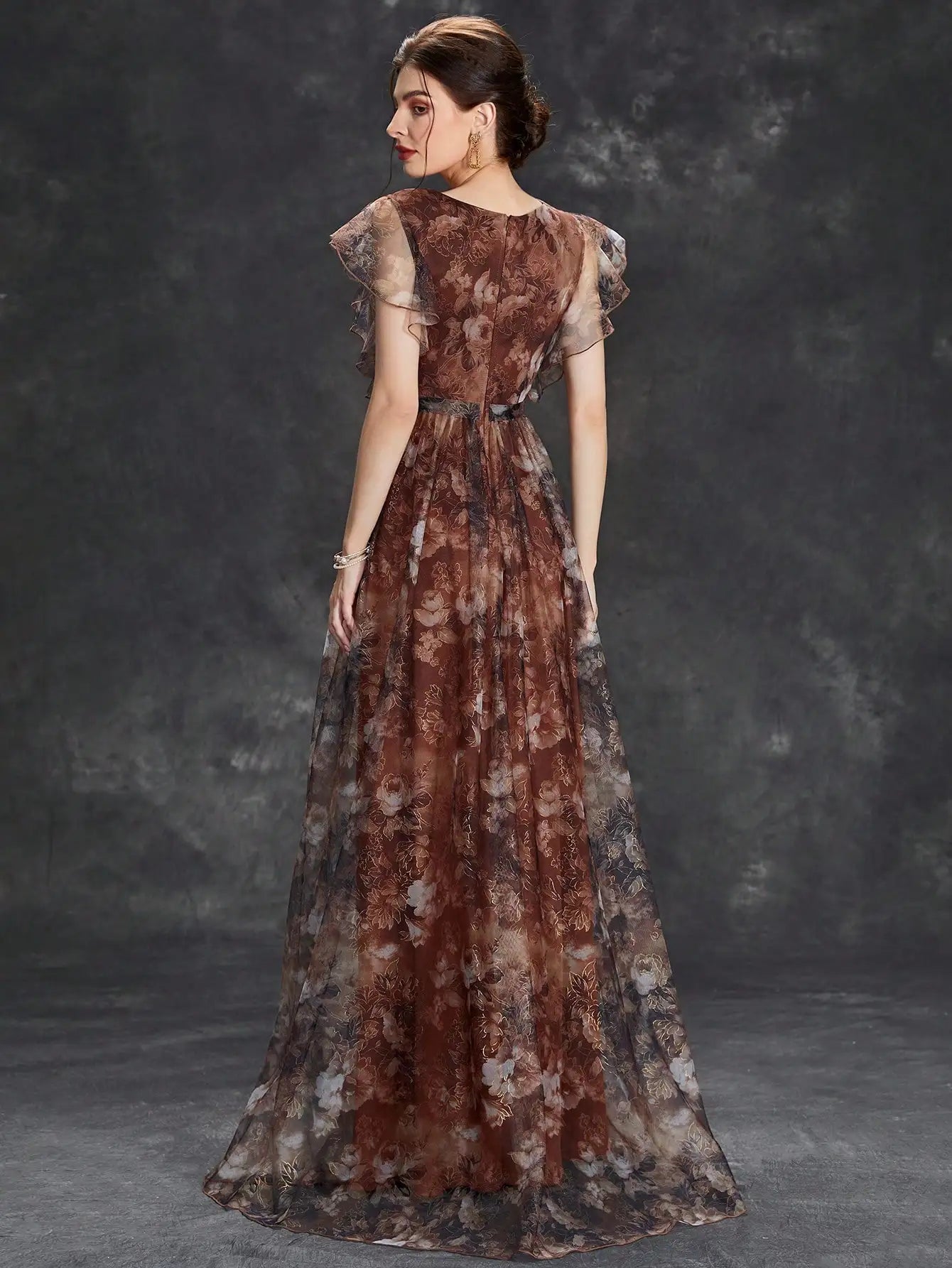 V Neck Lace Patchwork Evening Gown With Ruffled Sleeves
