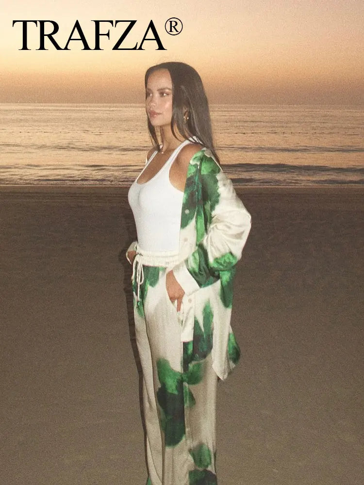 Elegant Floral Print Two-Piece Suit for Women Long Sleeve Lapel Blouse and Drawstring Wide Leg Pants Casual Summer Outfit