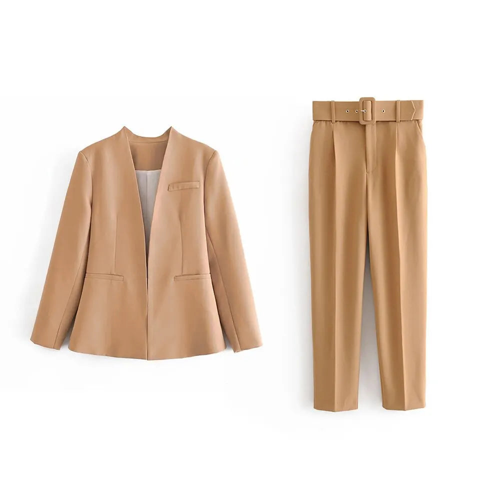 Women's Solid Color Office Suit Coat and High Waist Ankle-Length Pants Set