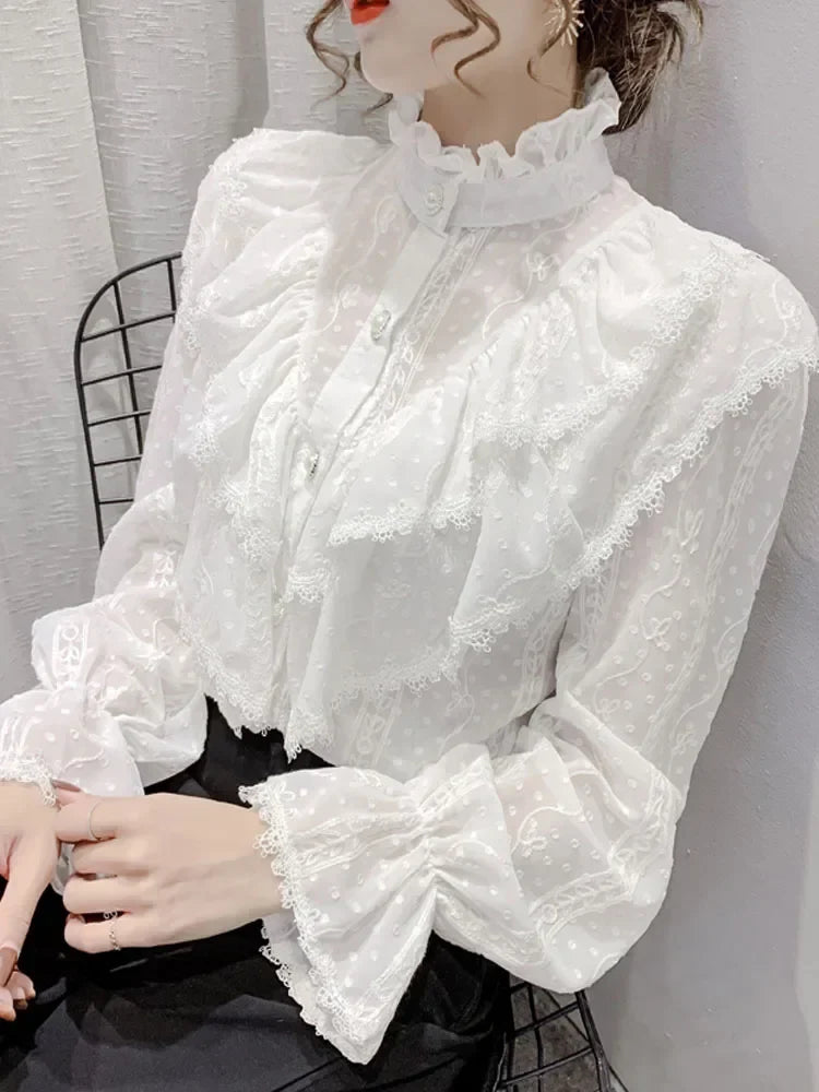 Elegant Women Long Sleeve Loose Button Shirt with Stand Collar Pleated Design Ruffle Lace Blouse Casual Spring Fashion Top