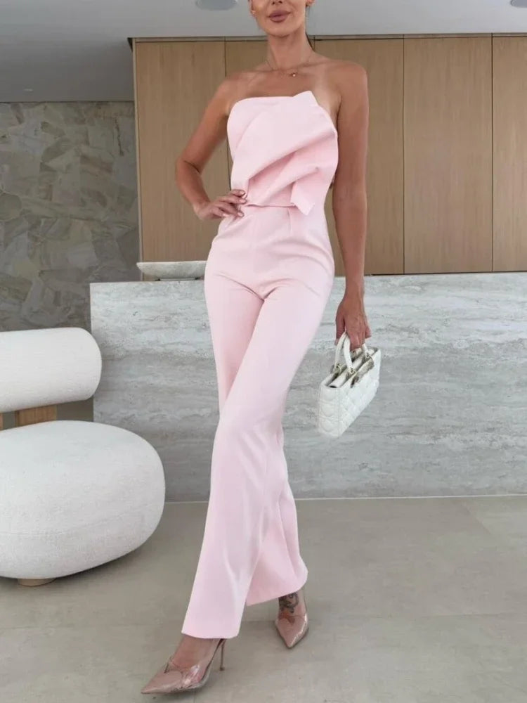 Women's Summer Jumpsuit Casual Office Wear Solid Color High-Waisted Wide-Leg Low Back Tight Fit Stylish Romper
