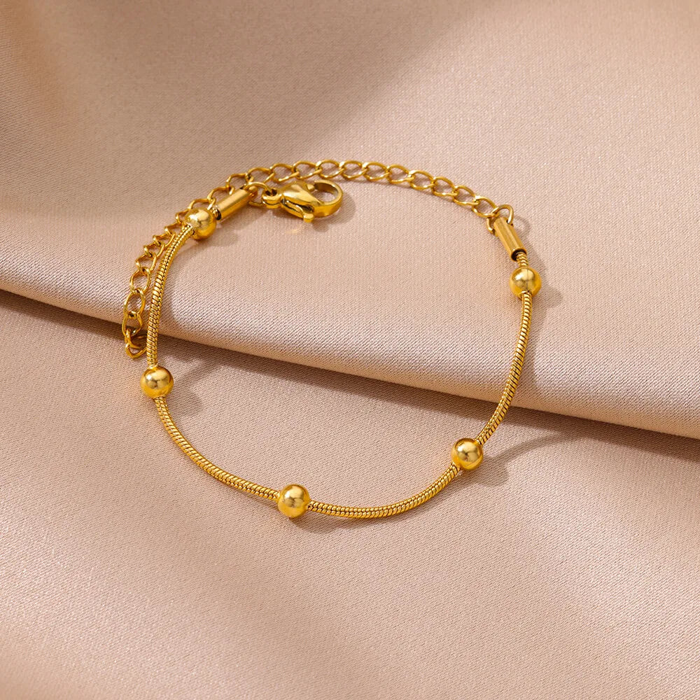 Gold Color Stainless Steel Beaded Snake Chain Bracelet for Women Luxury Geometric Wedding Party Jewelry Gift