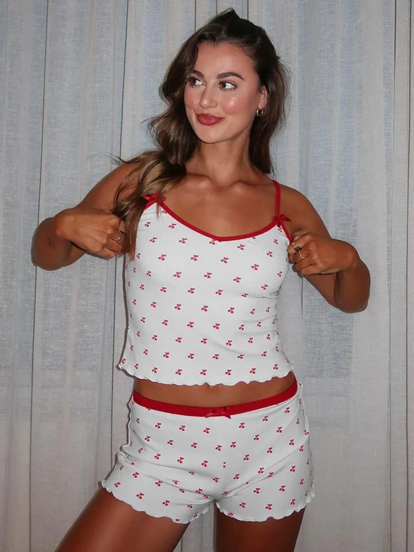 Cherry Print Two-Piece Matching Set with Slim Crop Camisole Top and Bow-Accent Shorts Summer Casual Festival and Workout Outfit for Women