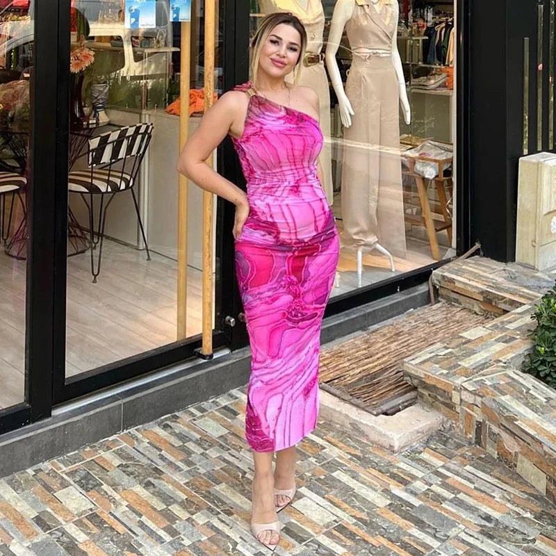 One Shoulder Backless Gradient Print Dress For Party