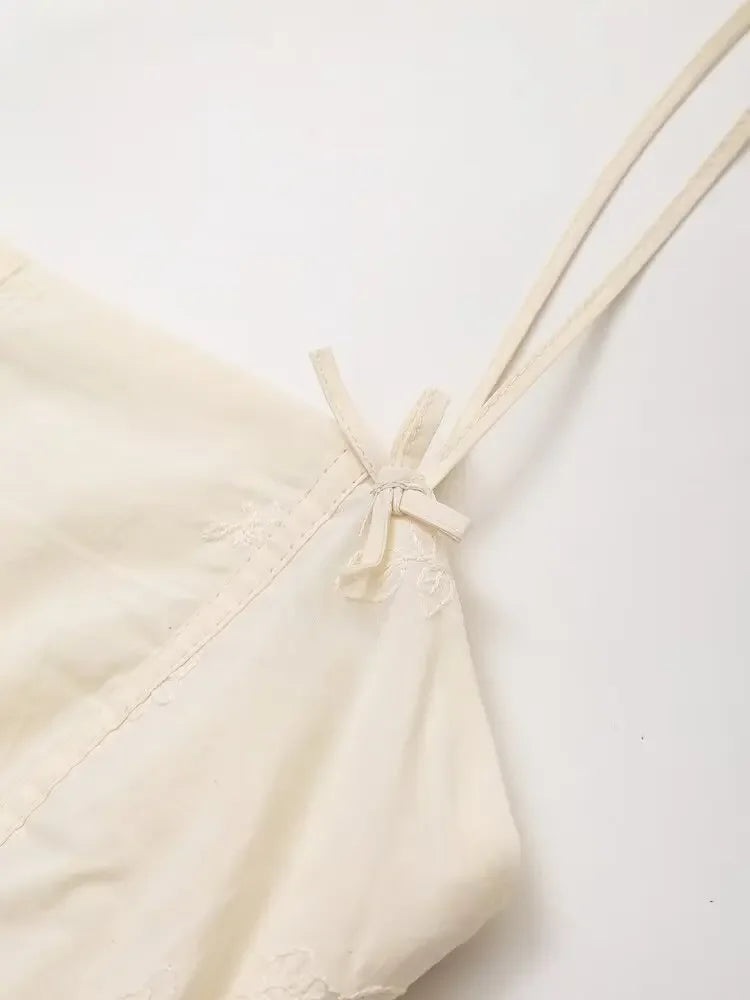 Floral Embroidery Bow Slip Mini Dress With Spaghetti Straps