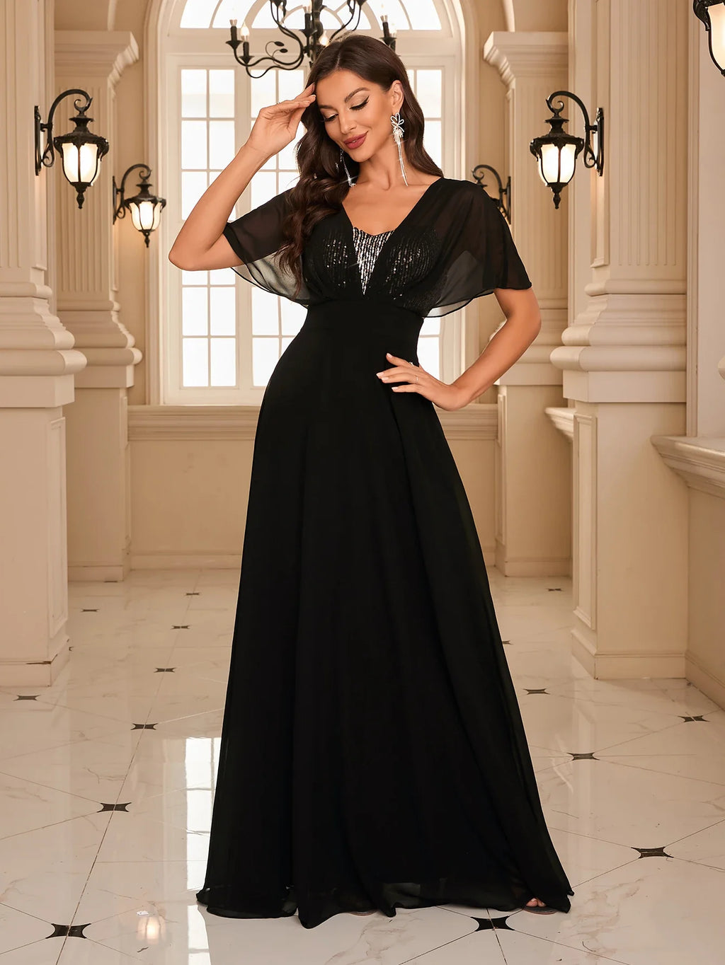 Backless Sequin Batwing Sleeve Chiffon Dress Patchwork