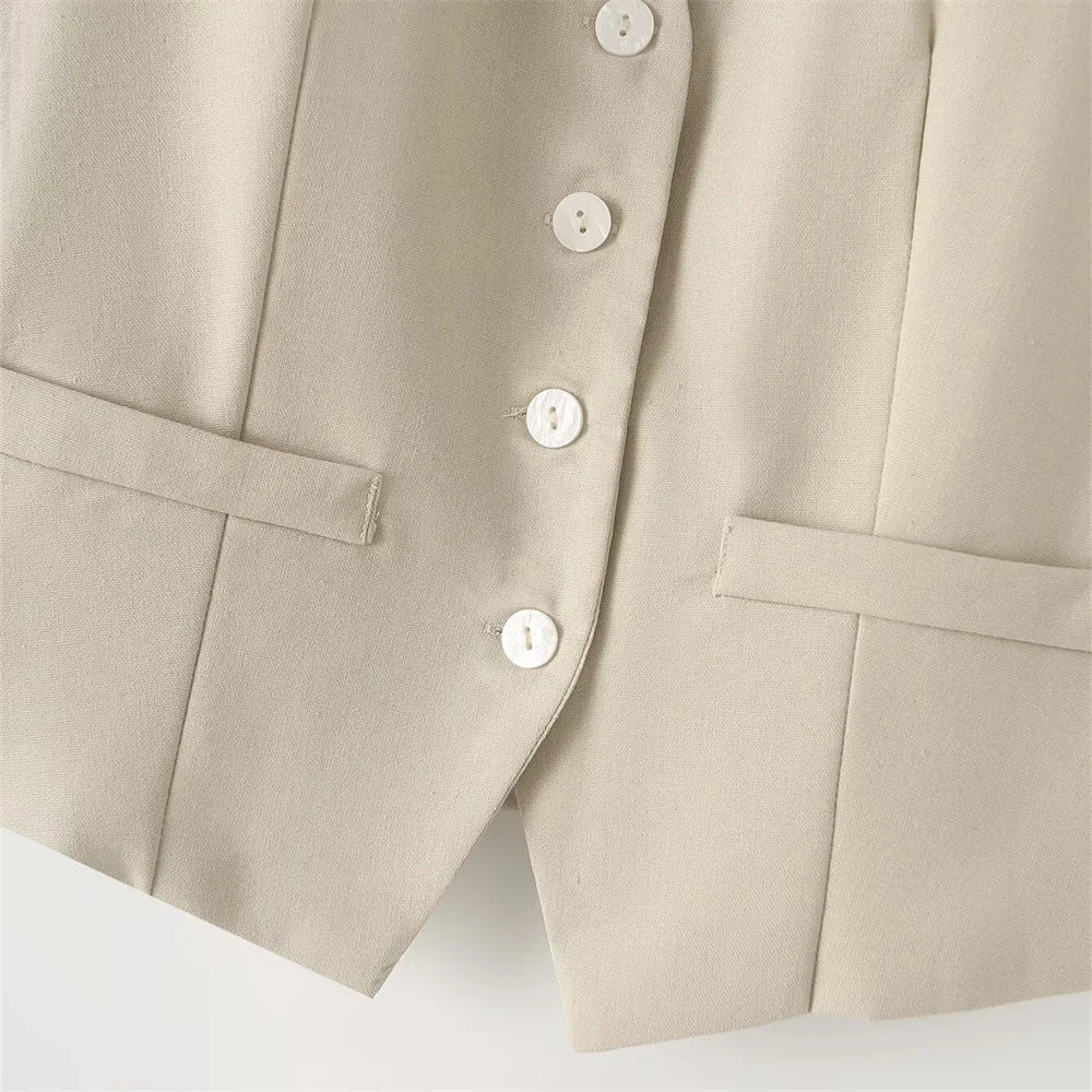 Versatile Slim Sleeveless Cotton Linen Vest and Mid-Waist Trousers Suit for Women's Commuting Style