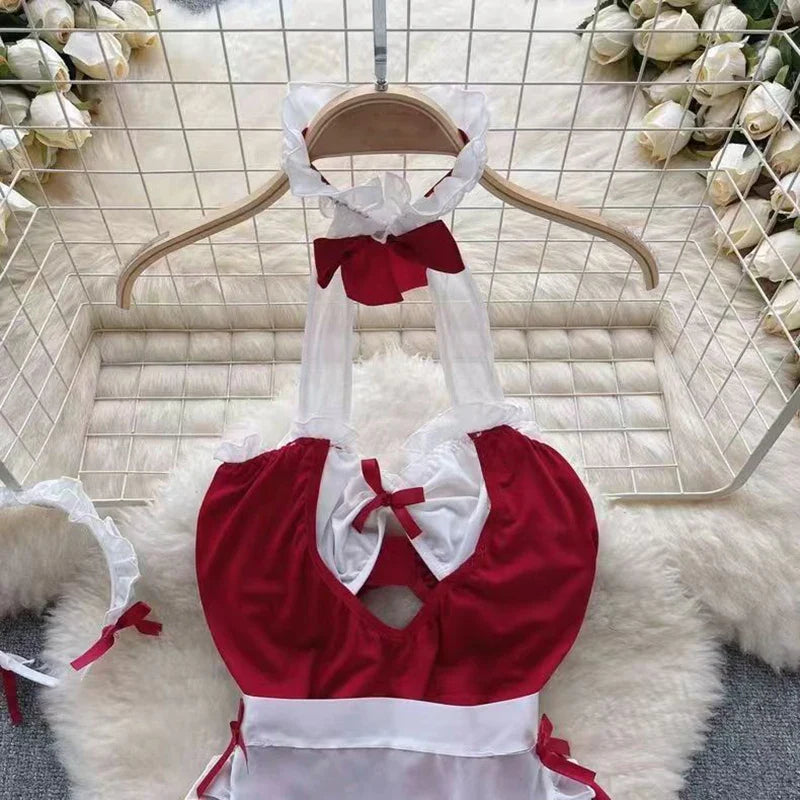 Maid Cosplay Nightwear Set Halter Hollow Out Thong