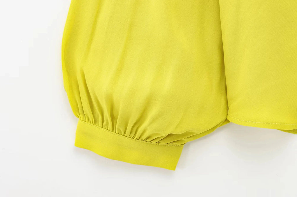 Yellow Chiffon Loose Fit Long Sleeve Shirt for Women with Bow Tie and Button Detail Casual Office Blouse