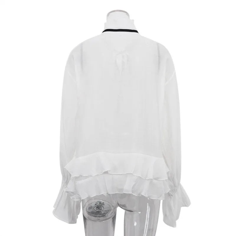 Sexy Loose White Women's Shirt With Ruffles Long Sleeve Sheer Elegant Blouse Stylish Transparent Top