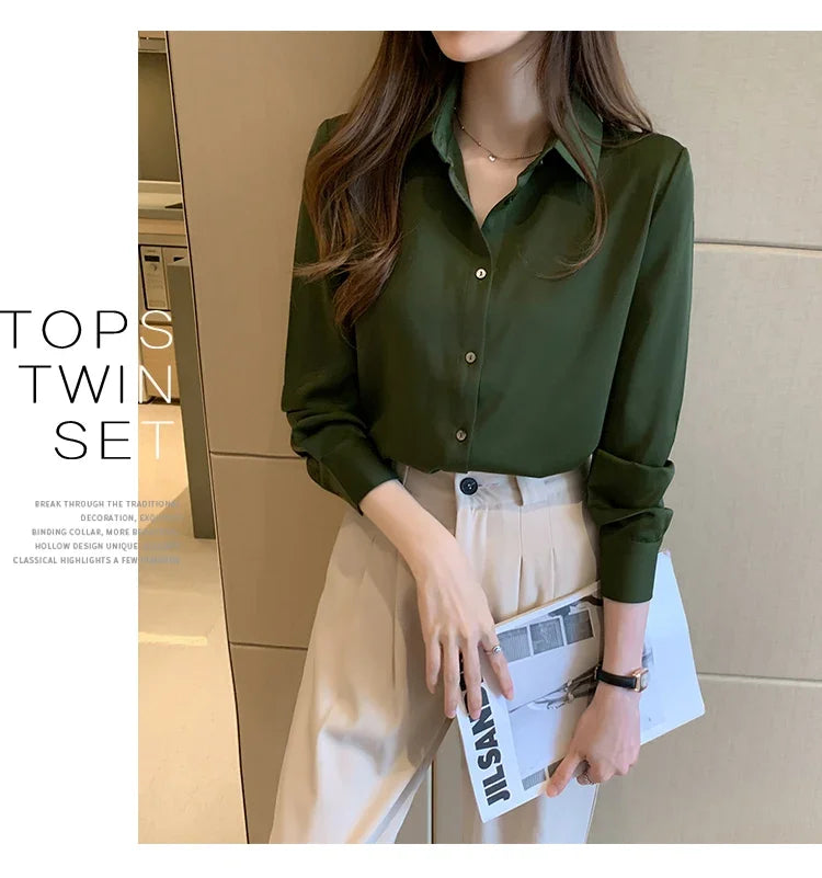 Elegant Satin Long Sleeve Blouse for Women Casual Office Shirt Solid White Basic Top