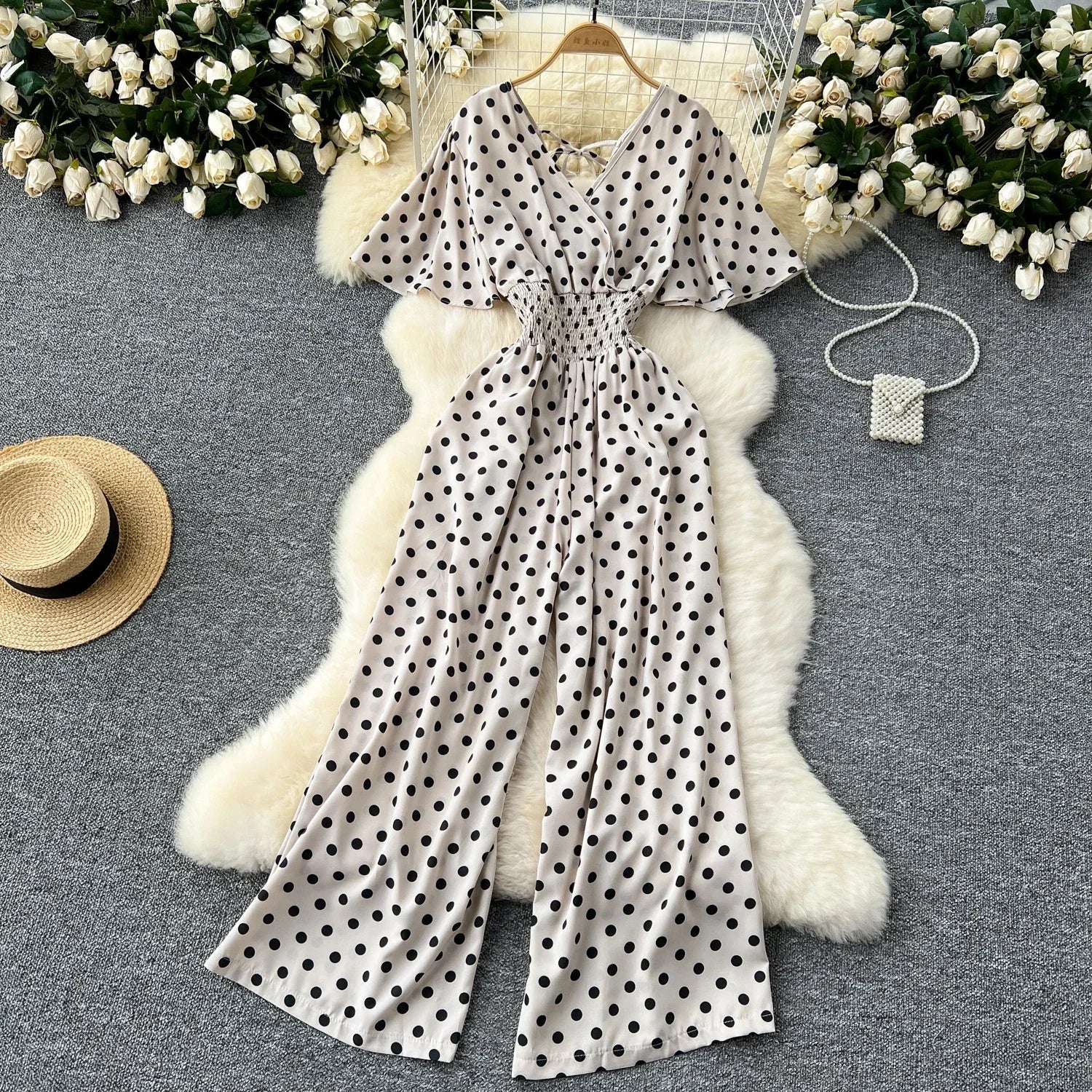 Elegant Polka Dot Romper for Women V-Neck Short Sleeve High Waist Wide Leg Jumpsuit Loose Fit Summer Playsuit