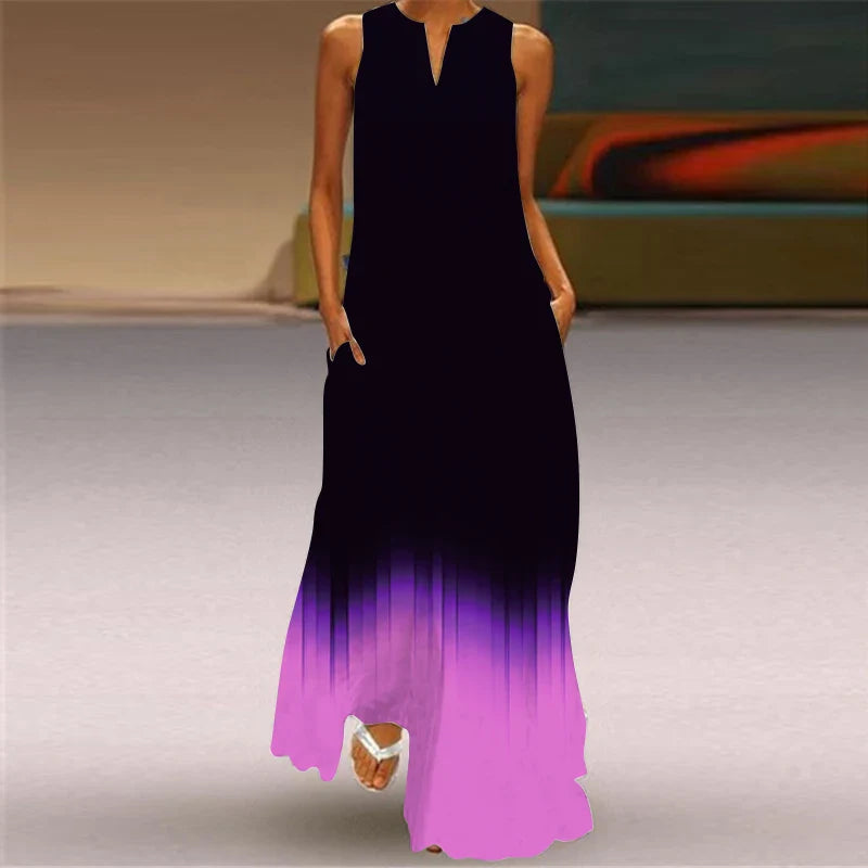 Sleeveless V Neck Printed Maxi Dress For Summer Beachwear