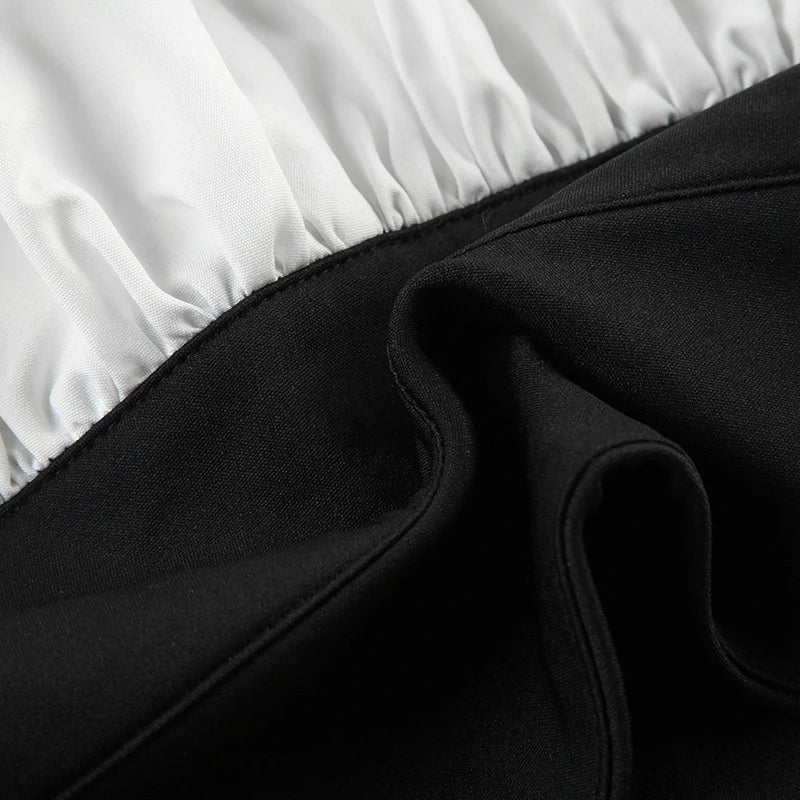 Slim Contrast Color Two-Piece Dress Set for Women Bandage Slash Neck Halter Top with Low-Waisted A-Line Skirt Elegant Sweet Casual Outfit