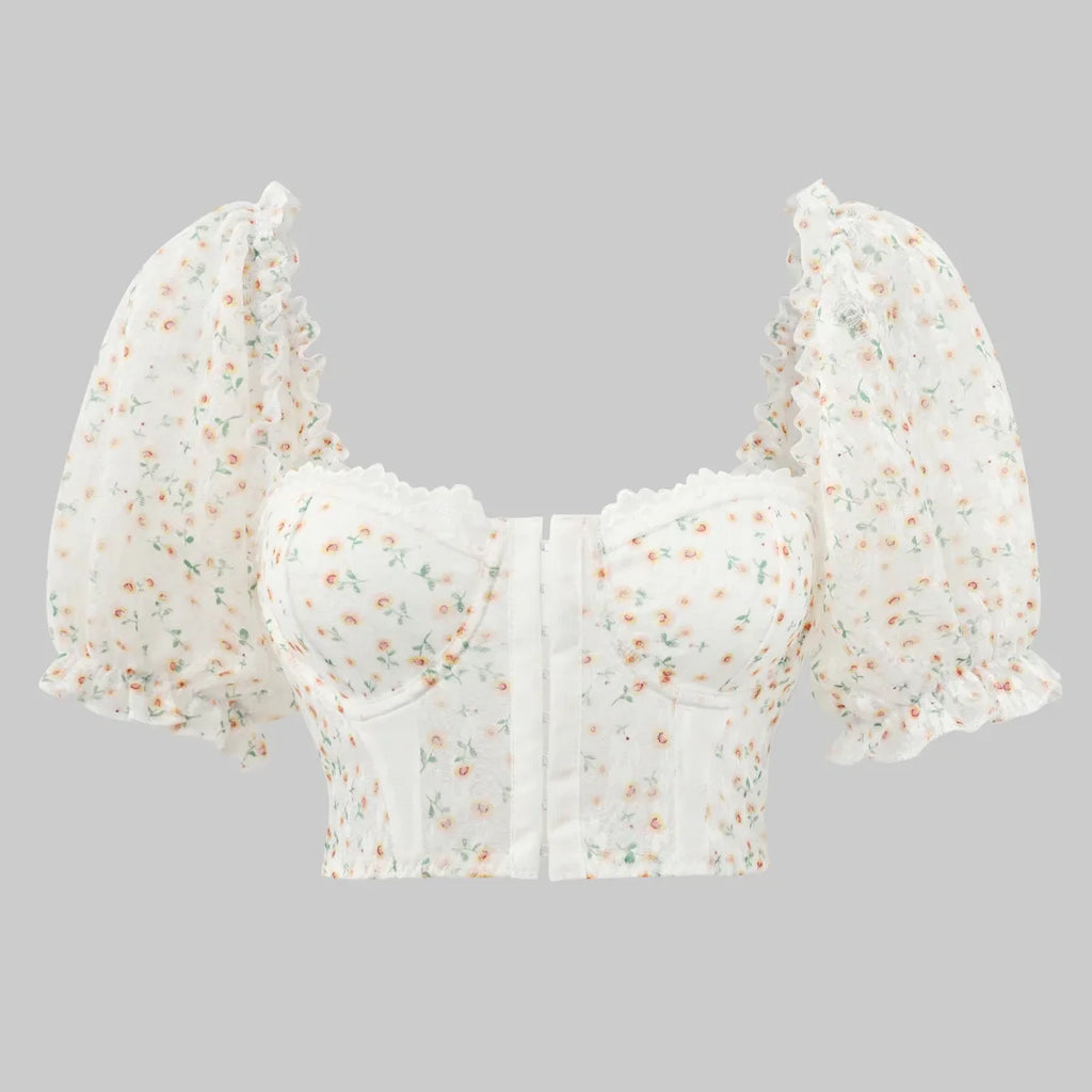 Sexy Lace Embroidered Hollow Out Short Sleeve Bodycon Blouse with Backless Design and Printed Puff Sleeves Slim Fit Crop Top