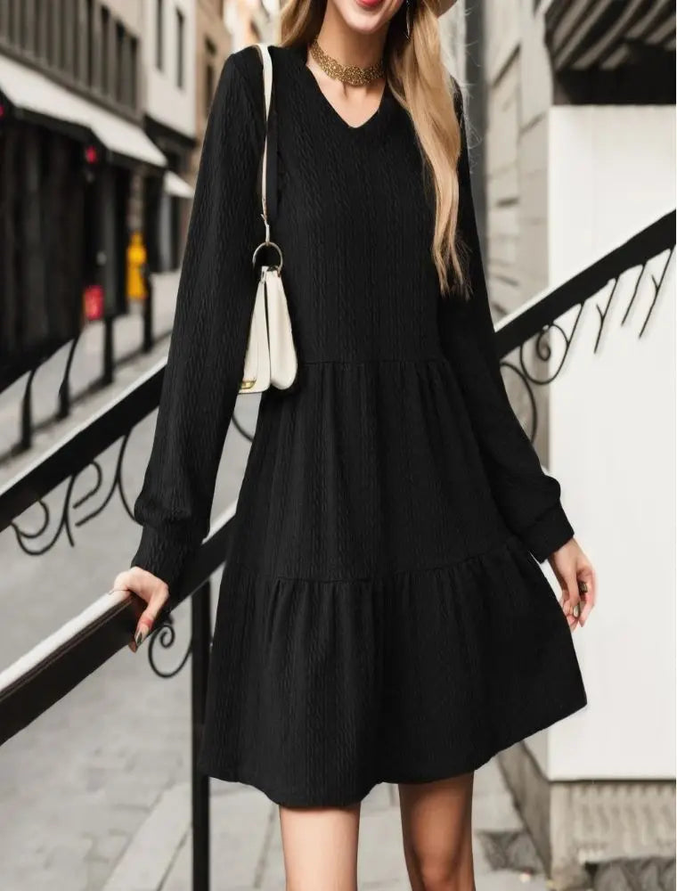 Womens V Neck Long Sleeve Autumn Dress In Solid Color