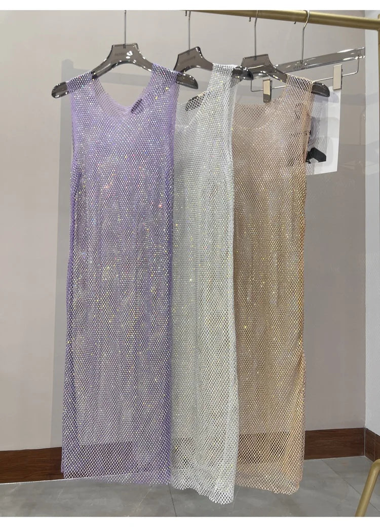 Rhinestone Mesh Midi Dress for Sexy Party and Clubwear