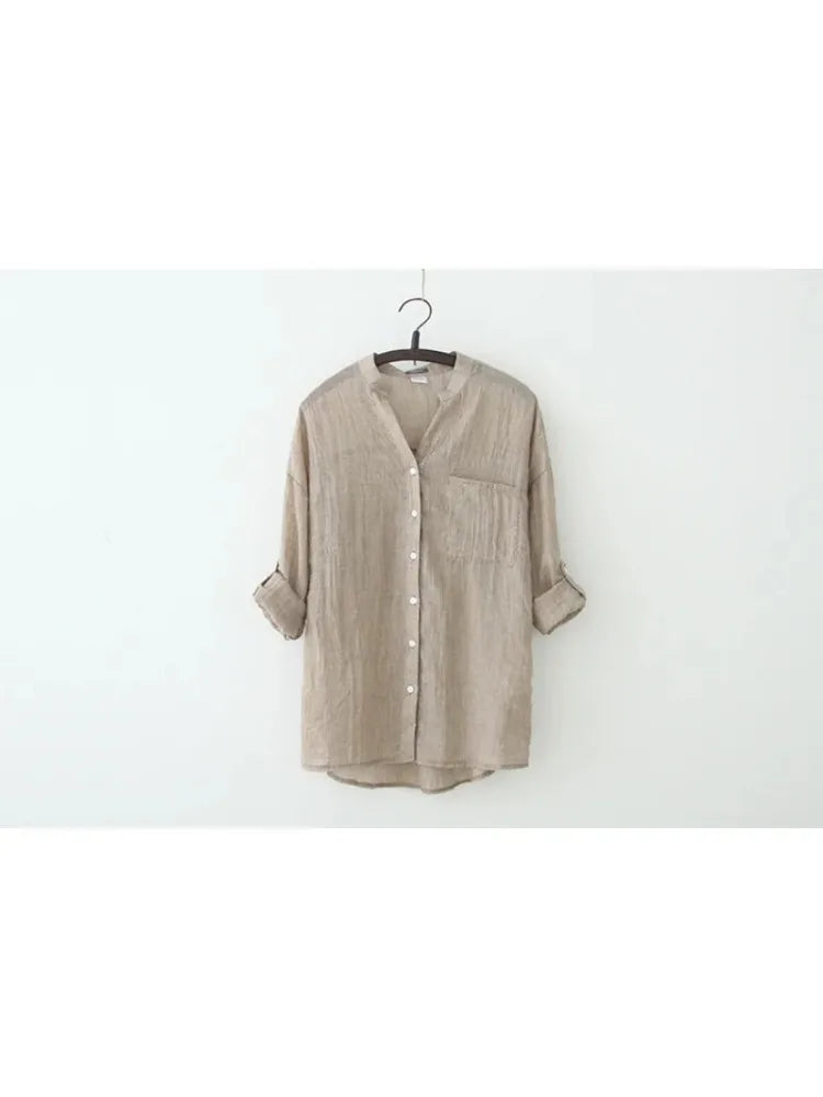 Elegant Feminine Cotton Linen Blouse Large Size Vintage Style Summer Shirt for Women Fashionable Lightweight Korean Inspired Top