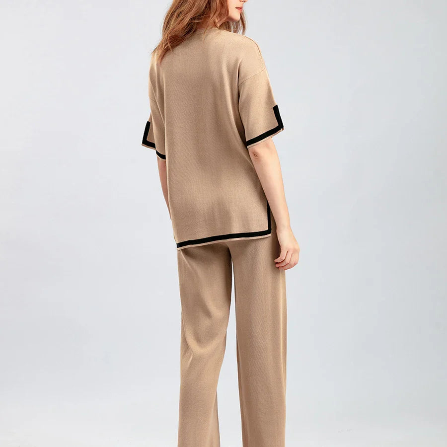 Casual Elegant Women's Two-Piece Autumn Winter Sportswear Set Featuring O-Neck Hoodie Short Sleeve Sweater and Wide Leg Long Pants