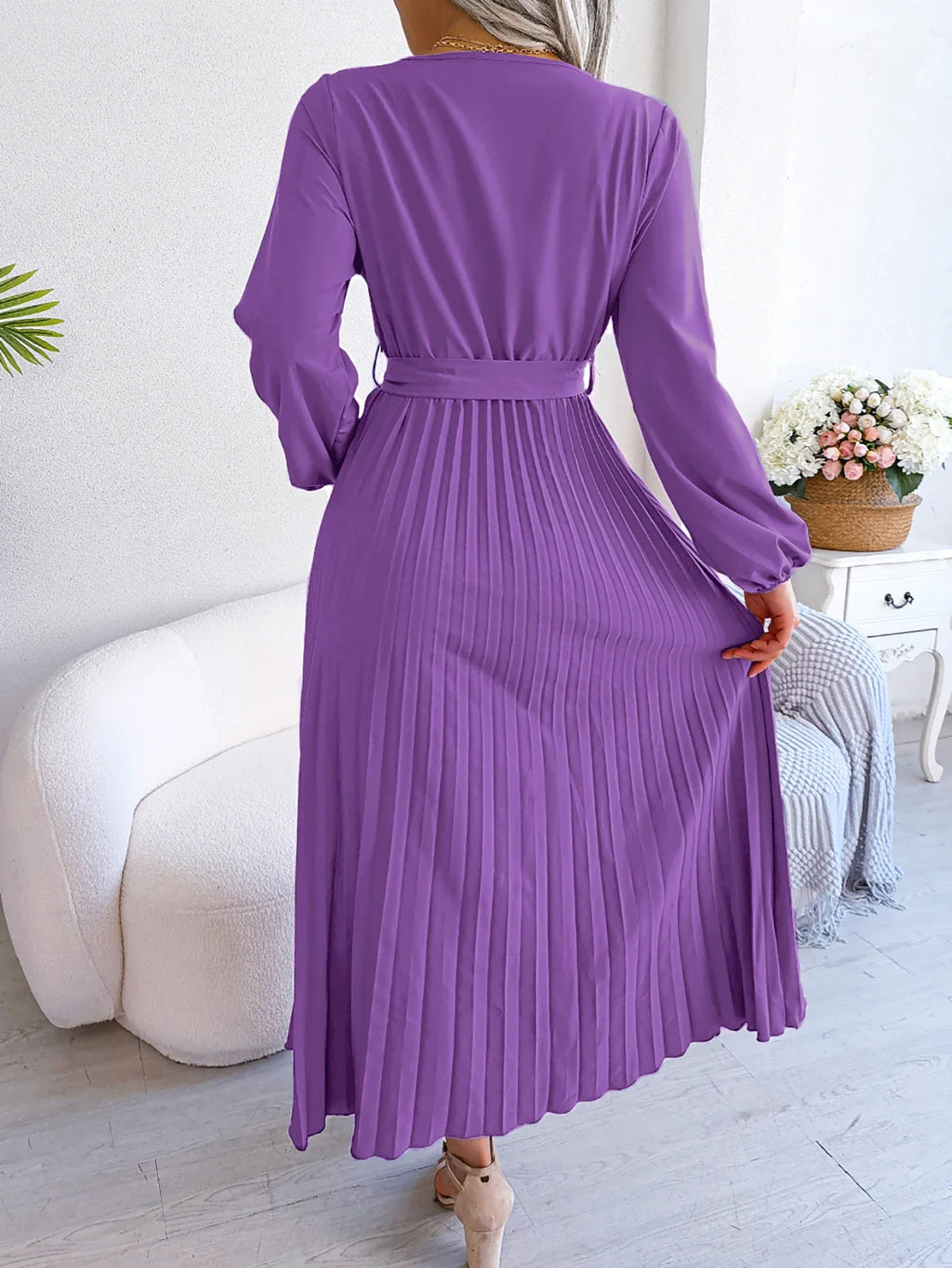 Elegant Surplice Neck Pleated Maxi Dress With Belt Flair
