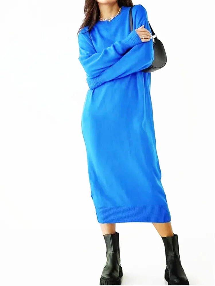 Oversize Knitted Dress for Women Long Sleeve O Neck Casual