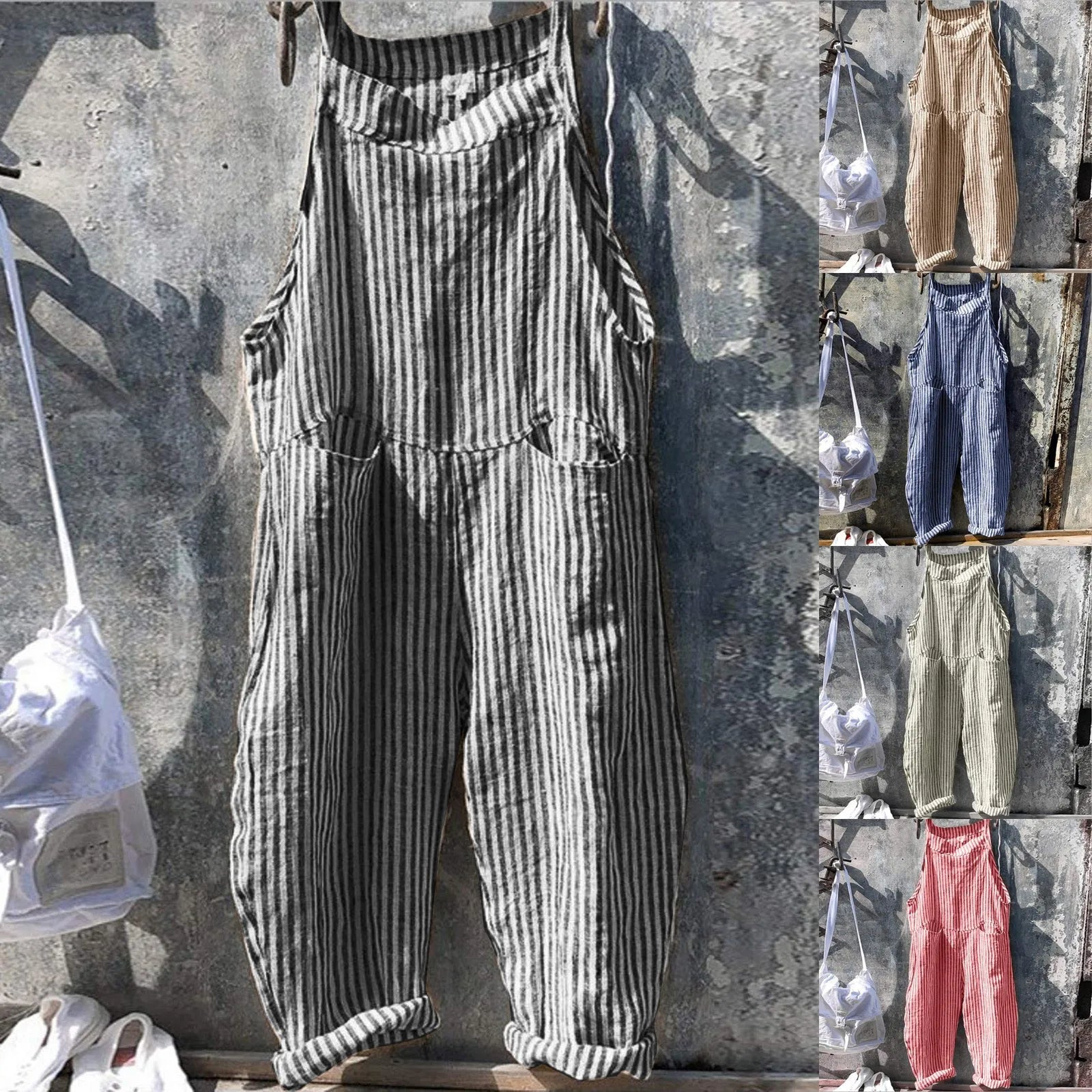 Vintage Multicolor Women's Cargo Jumpsuit Wide Leg Sleeveless Bib Trousers Casual Loose Fit with Pockets