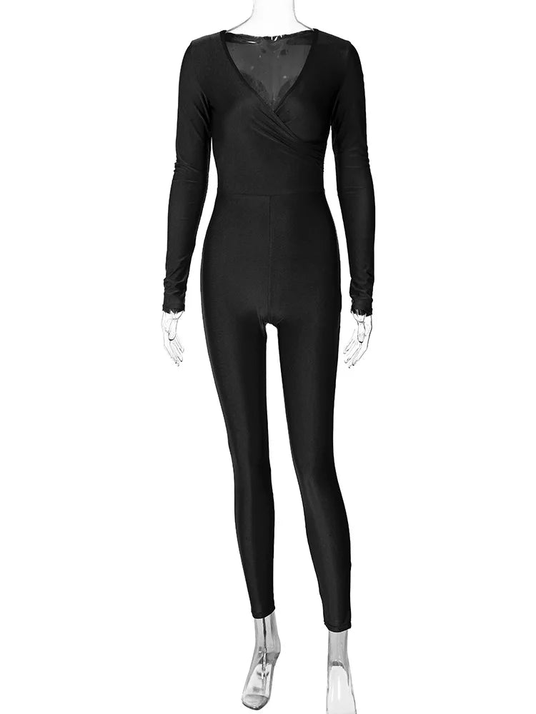 V Neck Long Sleeve Ruched Bodycon Skinny Jumpsuit Sexy Solid Color Party Romper Overalls Y2K Fashion Vacation Wear