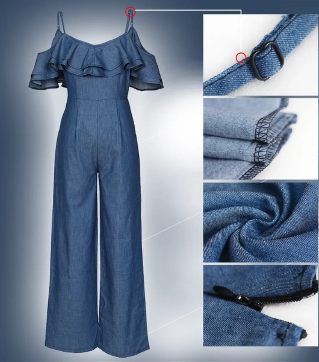 Womens Sexy Denim Jumpsuit with Ruffled Straps and Belt Loose Fit Long Pants Summer Casual Romper Outfit
