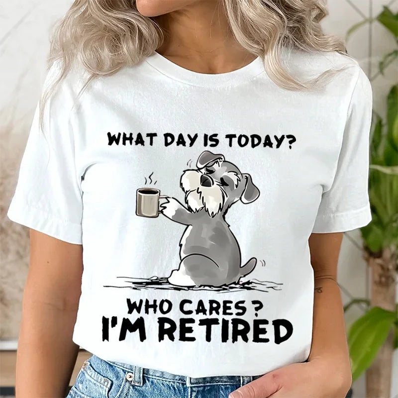 Funny Cat Schnauzer Retired T-Shirt for Women Comfortable Round Neck Graphic Tee