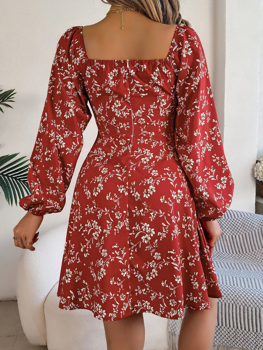 Floral Print Square Neck Dress With Long Sleeve Lace Up