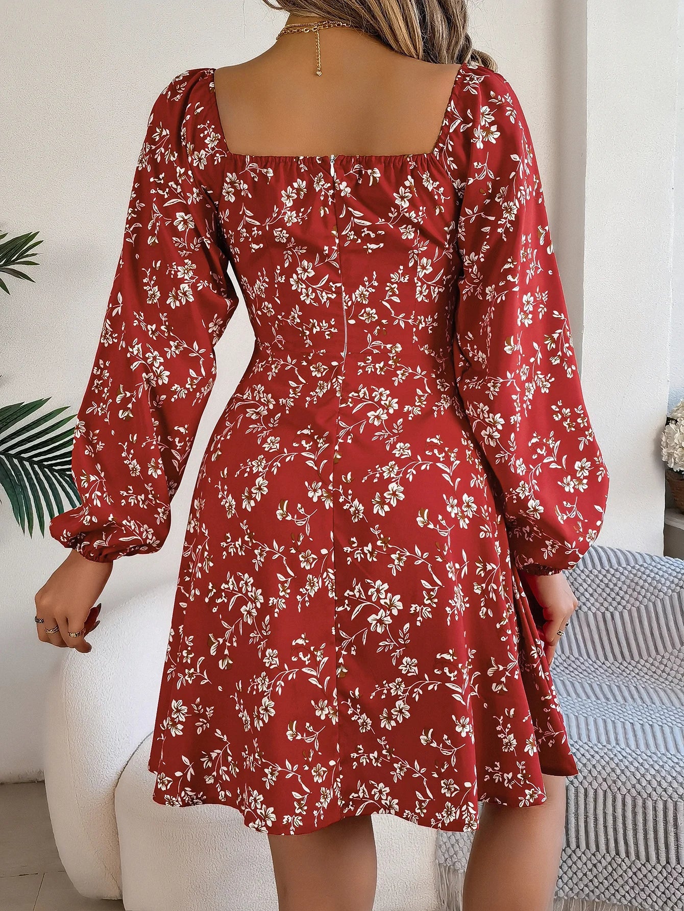 Floral Print Square Neck Dress With Long Sleeve Lace Up