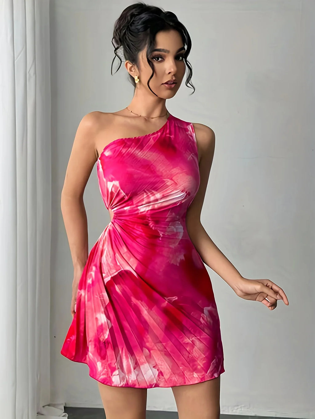 Summer Dress Ink Print Cutout Waist Pleated Slanted Shoulder