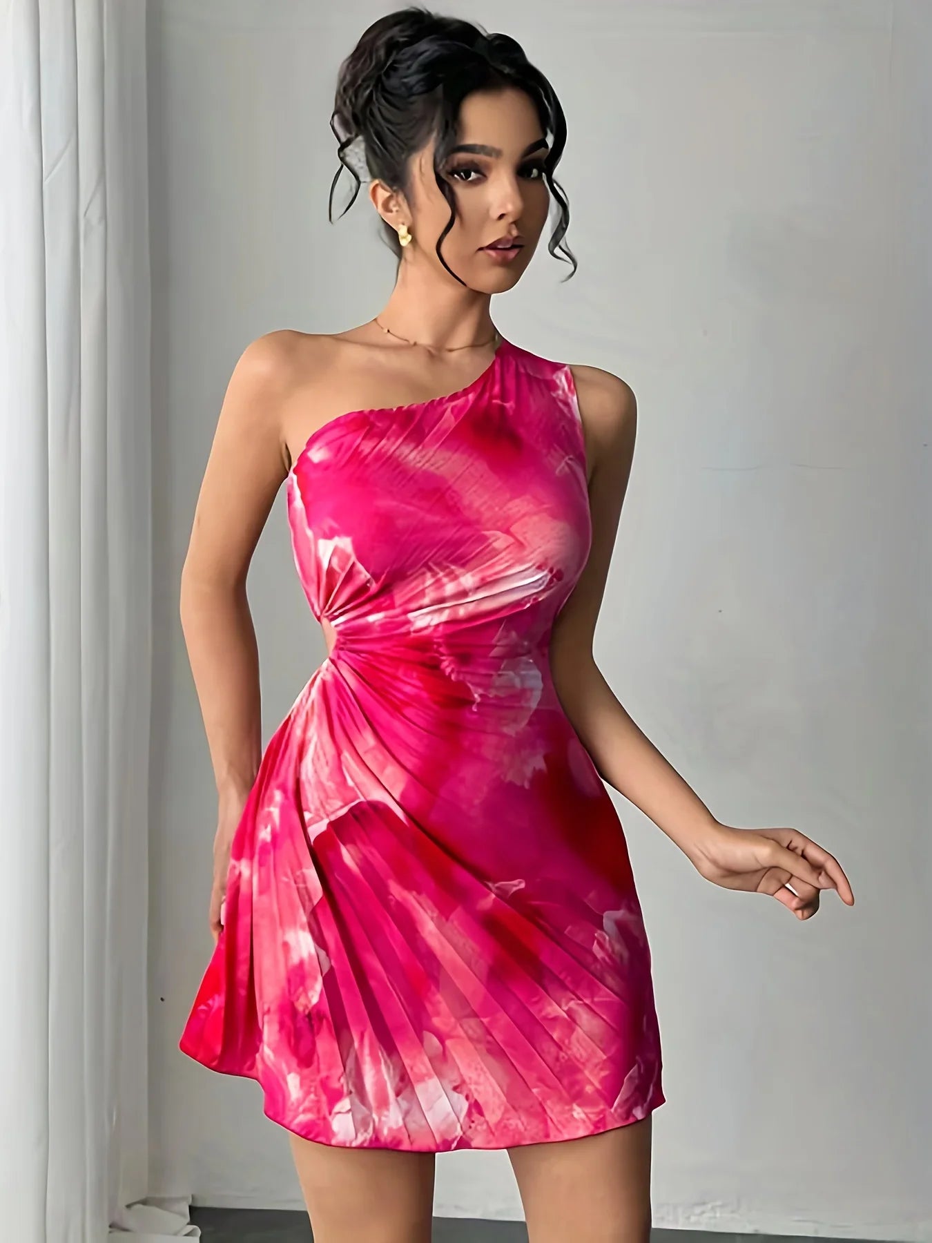 Summer Dress Ink Print Cutout Waist Pleated Slanted Shoulder