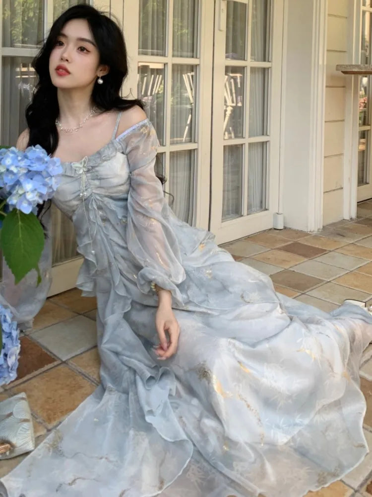 Off Shoulder Dress Ruffle A Line Long French Print