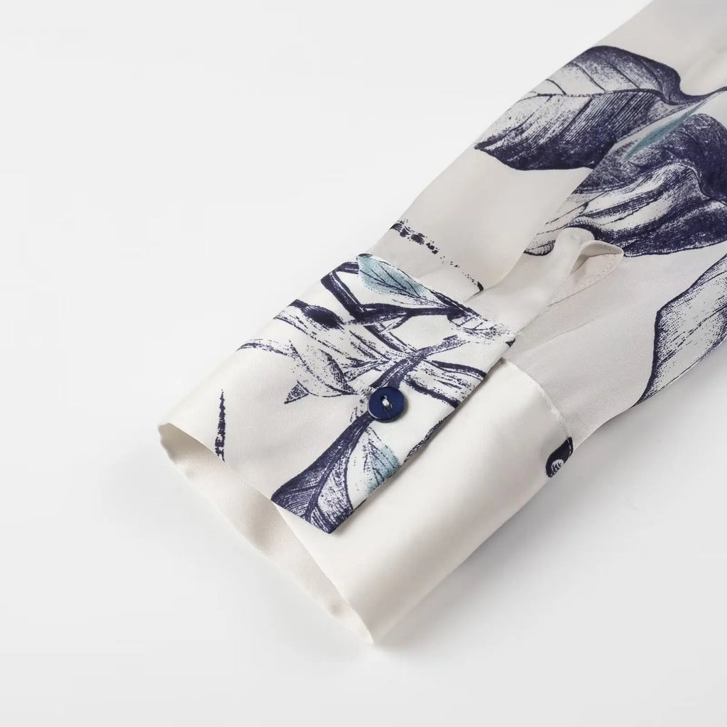 Women's Bow Tie Printed Blouse with Polo Collar Long Sleeve Single Breasted Vintage Loose Fit Elegant Shirt Top