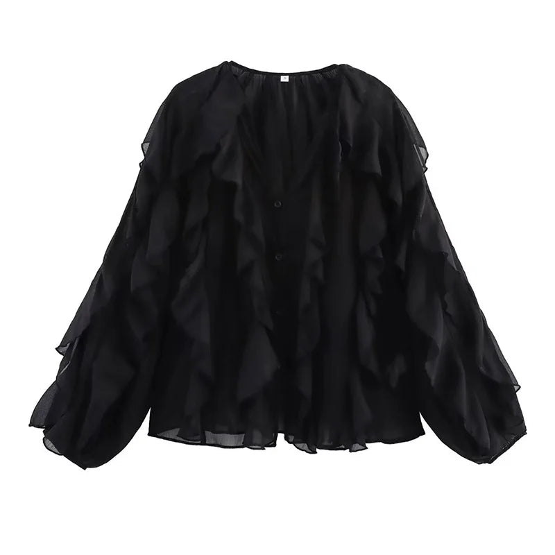 Women's Semi-Transparent V-Neck Tiered Decoration Long Sleeve Casual Shirt Blouse Top