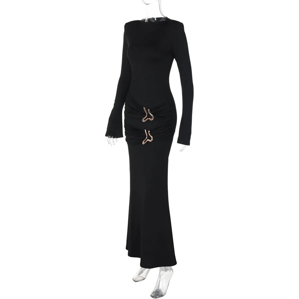 Elegant Black Pleated Maxi Dress For Women With High Waist