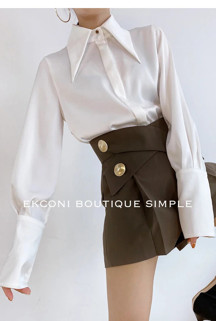 Elegant Turn Down Collar Satin Silk Blouse Vintage Button Closure White Lantern Sleeve Office Lady Shirt Chic Feminine Top