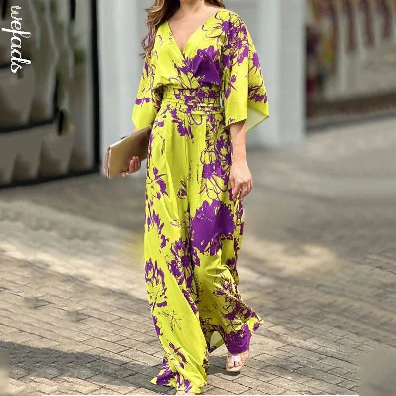 Women's Summer Casual Printed Jumpsuit with Batwing Sleeves V Neck Backless Tie Waist Wide Leg Romper