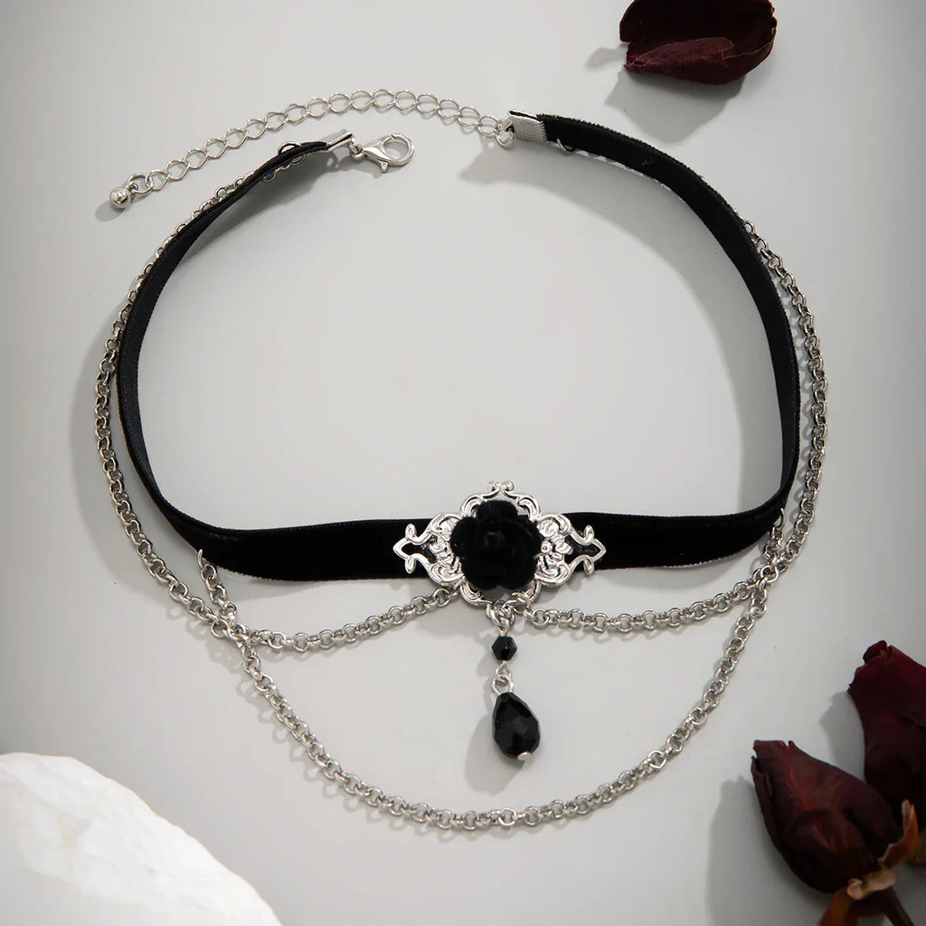 Punk Black Cotton Rope Choker Necklace with Link Chain Tassel and Crystal Beads for Women