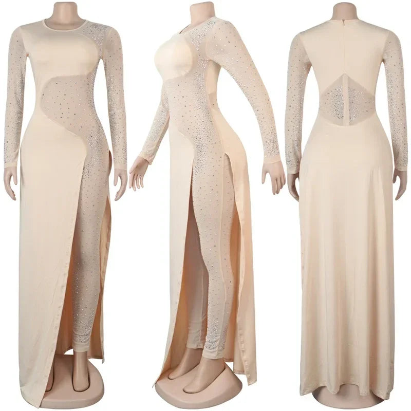 Sexy Rhinestone Long Sleeve Sheer Mesh Patchwork Skinny Jumpsuit Romper for Women Luxury Night Party Club Overalls Birthday Outfit