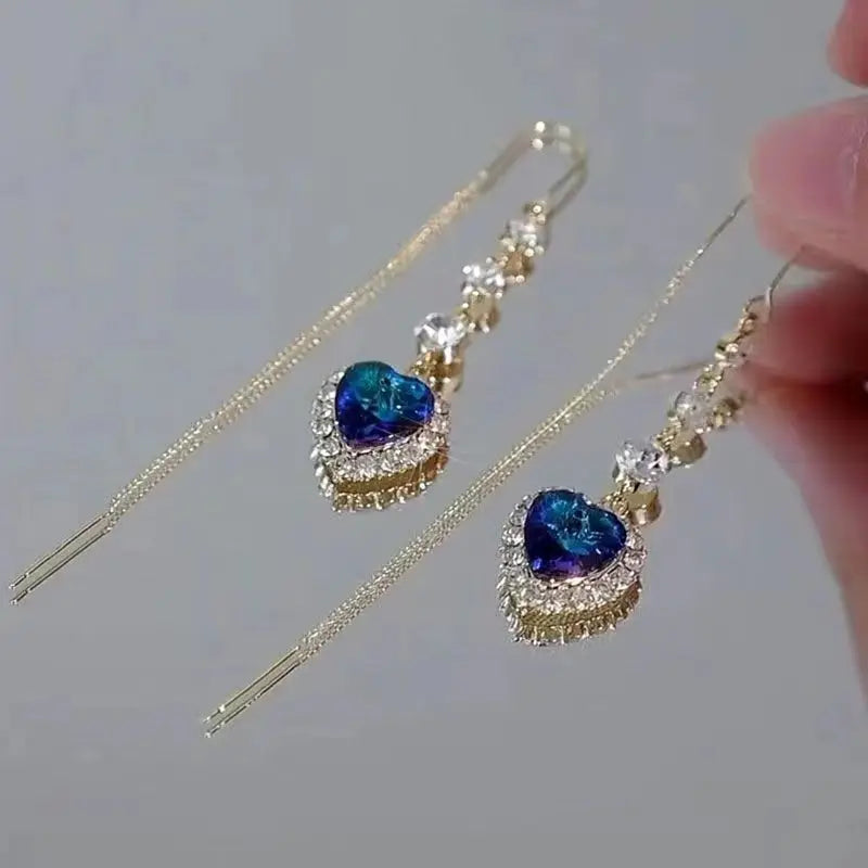 Blue Heart Shaped Zircon Dangle Earrings for Women with Long Tassel Design Perfect for Weddings and Parties