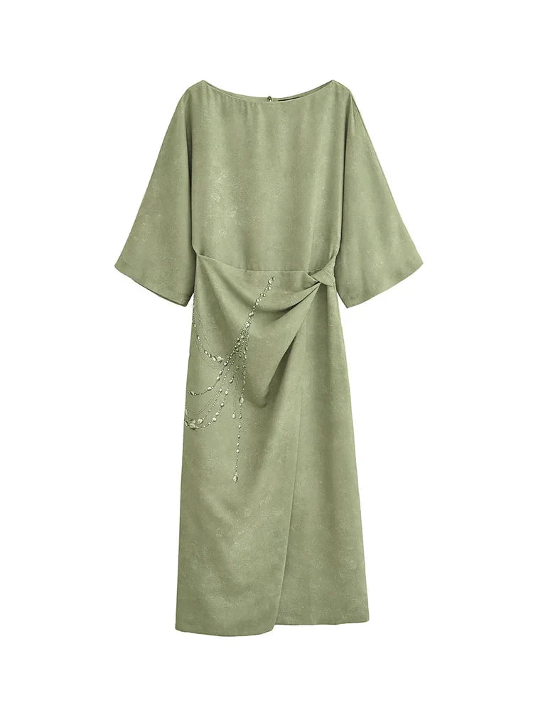 Floral Print Summer Midi Dress Women Three Quarter Sleeve